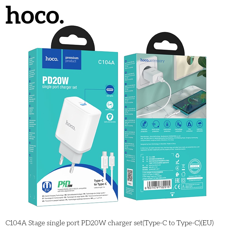Bộ sạc Hoco C104A Stage single port PD20W Type-C to Type-C